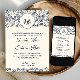Convite Casamento Muçulmano Islâmico com Cream Marinho Blu