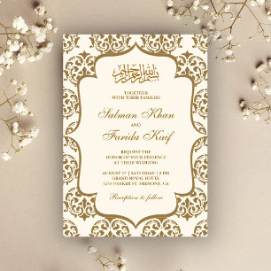Convite Casamento muçulmano islâmico com creme e Dourado