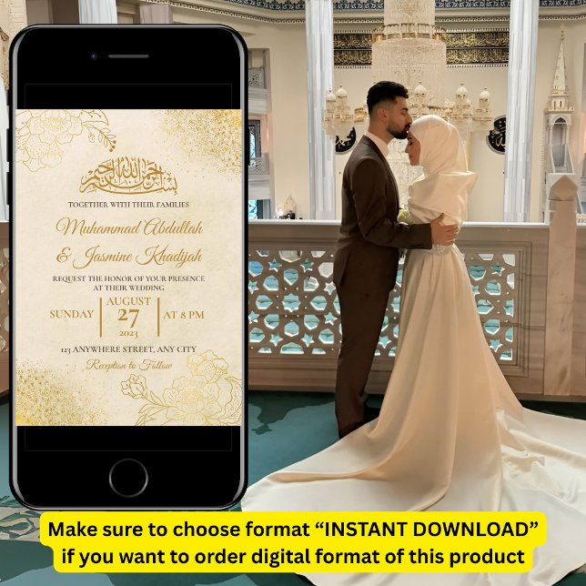 Convite Casamento Muçulmano Islâmico com Frame Floral Dour (Criador carregado)