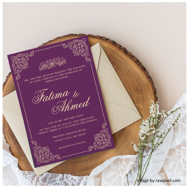 Convite Casamento Muçulmano Islâmico de Frame Roxo ornamen (Criador carregado)