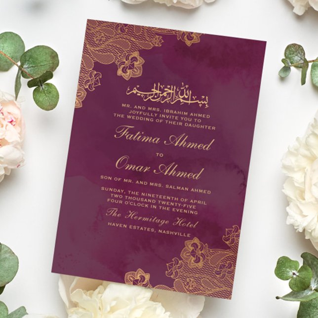 Convite Casamento Muçulmano Islâmico de Gold Foil Lace Bur (Criador carregado)