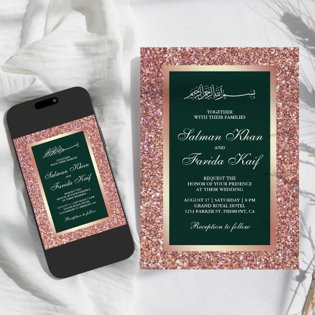 Convite Casamento Muçulmano Islâmico do Emerald, Dourado r (Criador carregado)