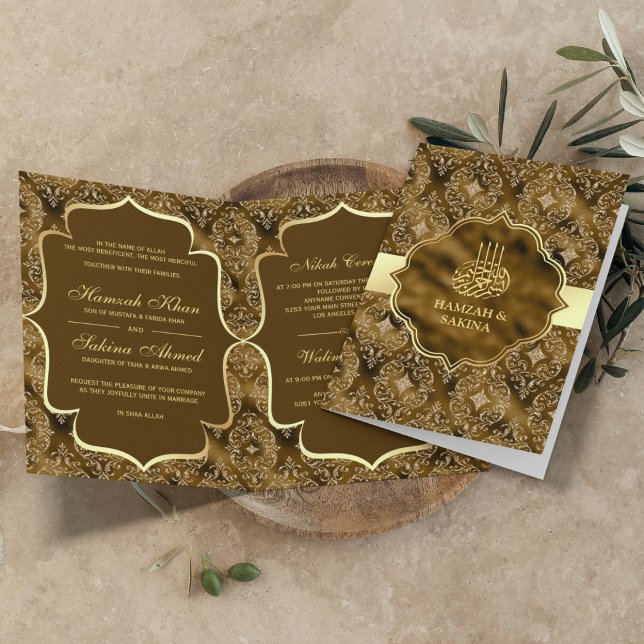 Convite Casamento Muçulmano Islâmico Dourado Damask Moss B (Criador carregado)