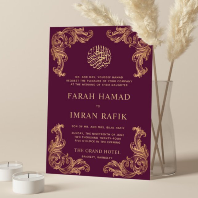 Convite Casamento Muçulmano Islâmico Dourado de Plum Vinta (Criador carregado)