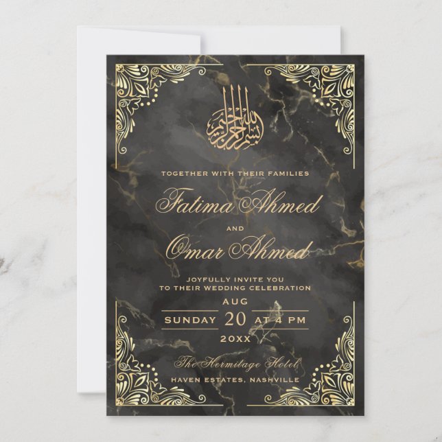 Convite Casamento Muçulmano Islâmico Dourado Marble Negro (Frente)