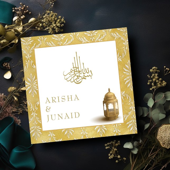 Convite Casamento Muçulmano Islâmico e Ouro Real Damask (Criador carregado)