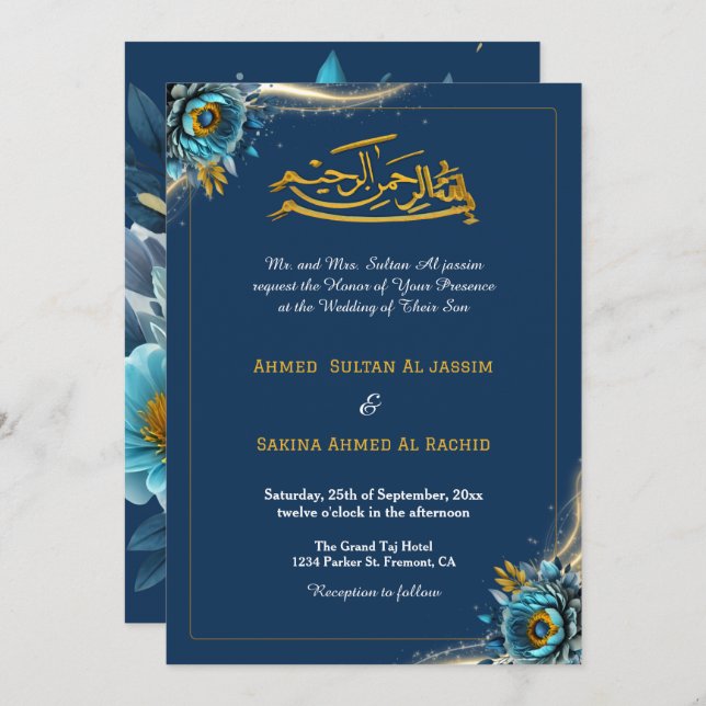 Convite Casamento muçulmano islâmico floral da Turquesa el (Frente/Verso)