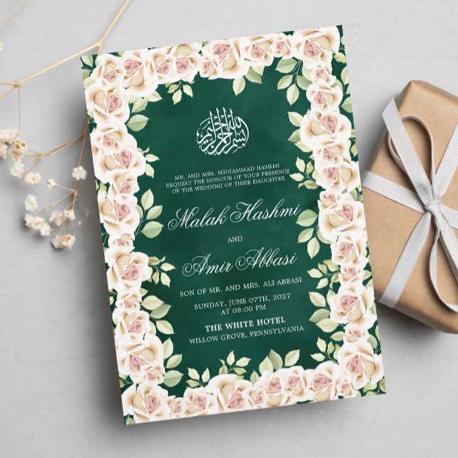 Convite Casamento Muçulmano Islâmico Floral Verde Branco (Criador carregado)