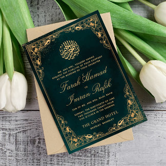 Convite Casamento Muçulmano Islâmico Verde com Quadro Dour