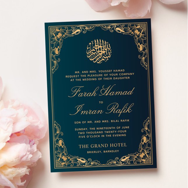 Convite Casamento Muçulmano Islâmico Verde com Quadro Dour (Criador carregado)