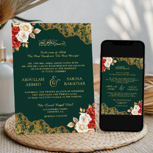 Convite Casamento Muçulmano Marfim Vermelho Floral Renda D