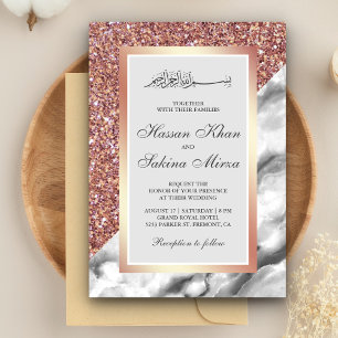 Convite Casamento Muçulmano Mármore Branco Cinza Brilho Do