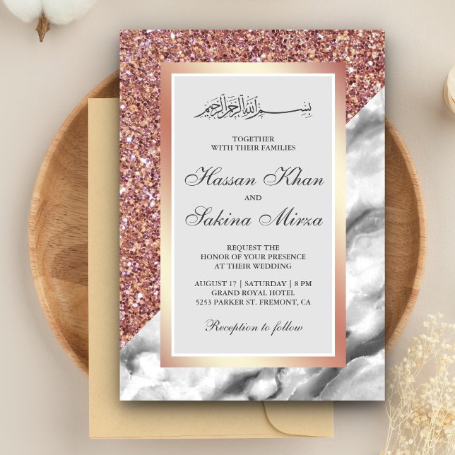 Convite Casamento Muçulmano Mármore Branco Cinza Brilho Do (Criador carregado)