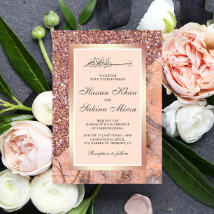 Convite Casamento Muçulmano Mármore Rosa Coral Brilho Dour
