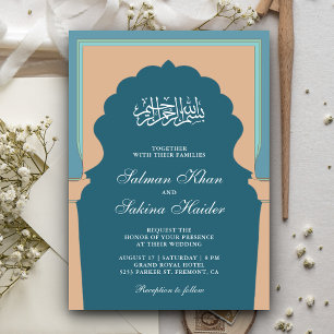 Convite Casamento Muçulmano Mihrab Islâmico Azul Vintage