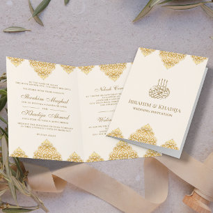 Convite Casamento Muçulmano Motivo Islâmico Dourado Creme