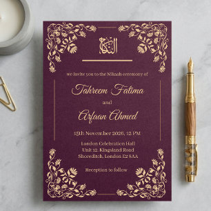 Convite Casamento Muçulmano Nikkah Floral Burgundy Ameixa