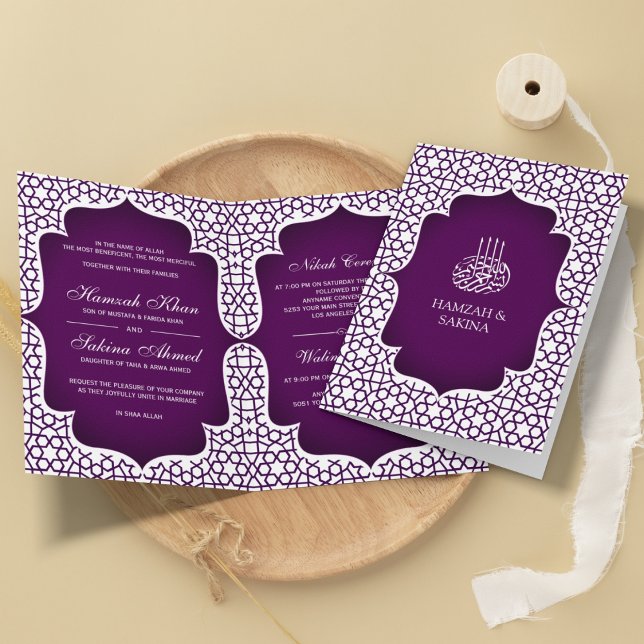 Convite Casamento Muçulmano no Estilo Persa Branco e Roxo (Criador carregado)