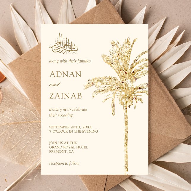 Convite Casamento Muçulmano Palma de Data com Brilho Creme (Criador carregado)