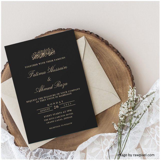 Convite Casamento Muçulmano Preto Elegante Minimalista (Criador carregado)