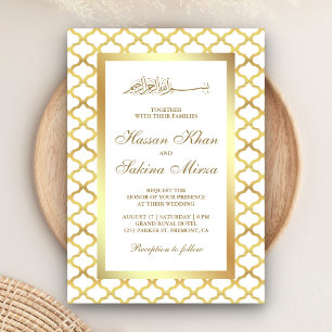 Convite Casamento Muçulmano Quatrefoil Branco e Dourado Ma