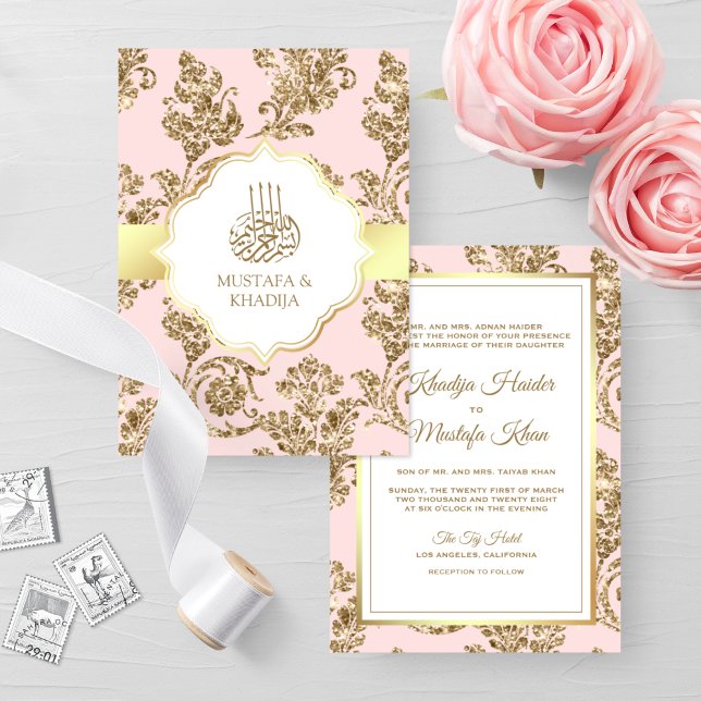 Convite Casamento Muçulmano Rosa Rústico Dourado Filigrana (Criador carregado)