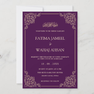 Convite Casamento Muçulmano Roxo Dourado Vintage em Letra