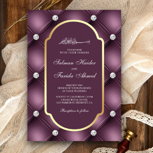 Convite Casamento Muçulmano Roxo Tuftado Diamantes Poeiren