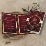 Convite Casamento Muçulmano Russo Dourado Maroon Red Damas<br><div class="desc">Amaze seus hóspedes com este elegante convite de casamento dobrado com sotaques falsos de folha de ouro e bela cor damasco com 'Bismillah' na caligrafia árabe. Basta adicionar os detalhes do seu evento neste modelo fácil de usar para torná-lo um convite de tipo único.</div>