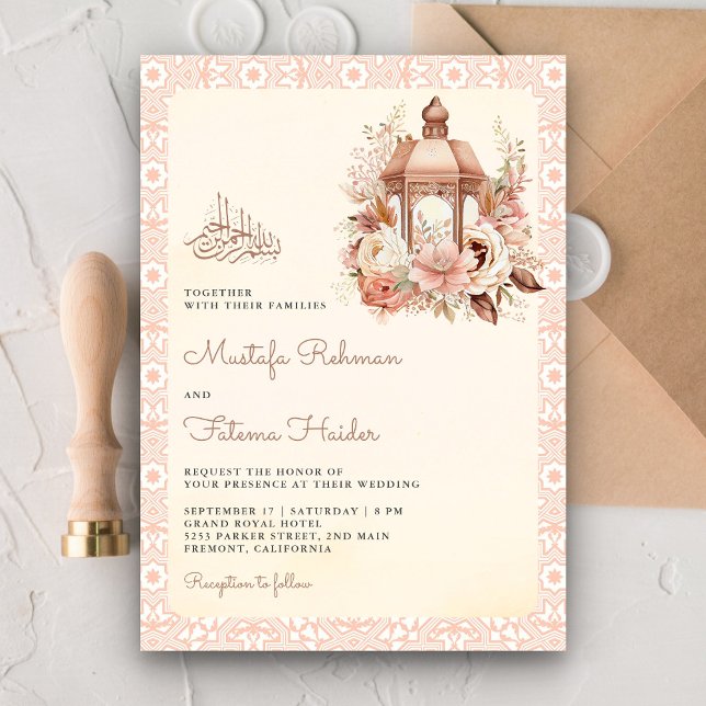 Convite Casamento Muçulmano Rustic Boho Peach Floral Lante (Criador carregado)