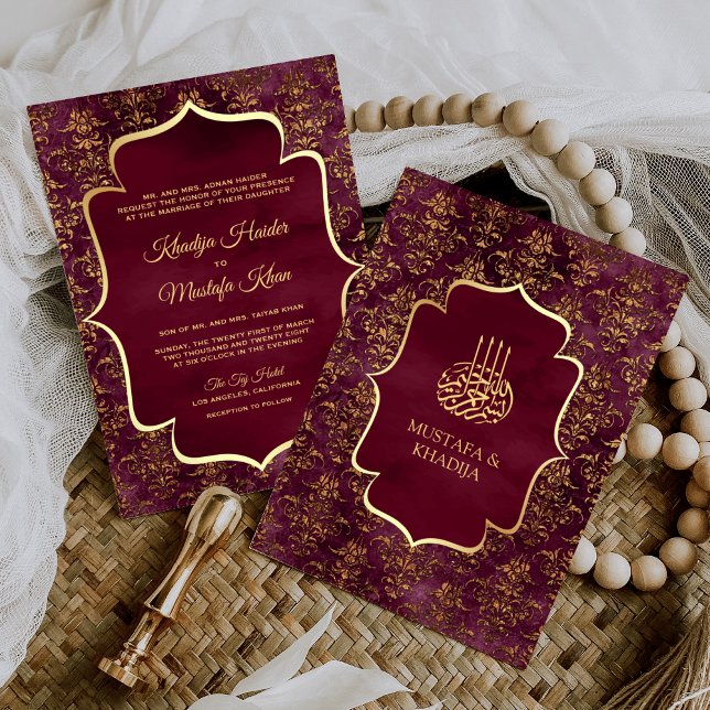 Convite Casamento Muçulmano Rustic Burgundy Dourado Damask (Criador carregado)