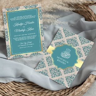 Convite Casamento Muçulmano Rustic Burlap Teal Damask