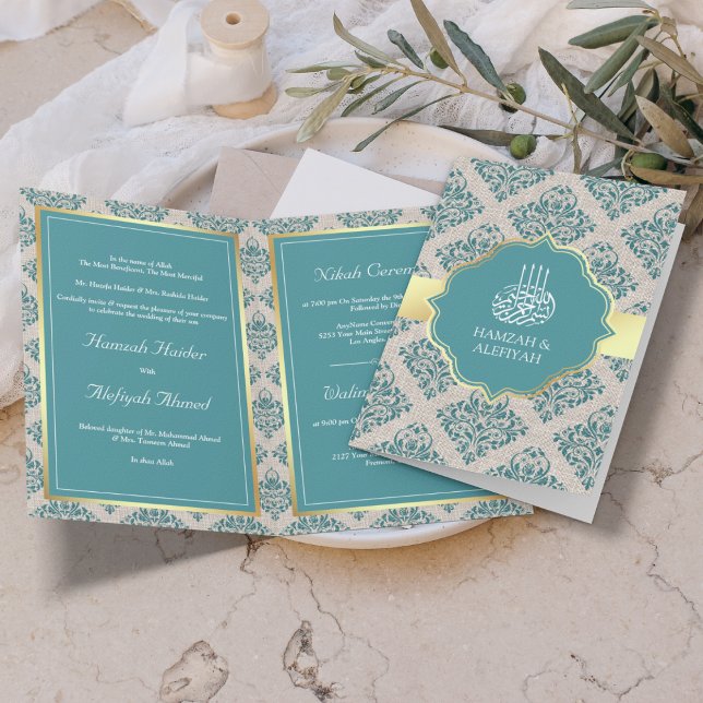 Convite Casamento Muçulmano Rustic Burlap Teal Damask (Criador carregado)