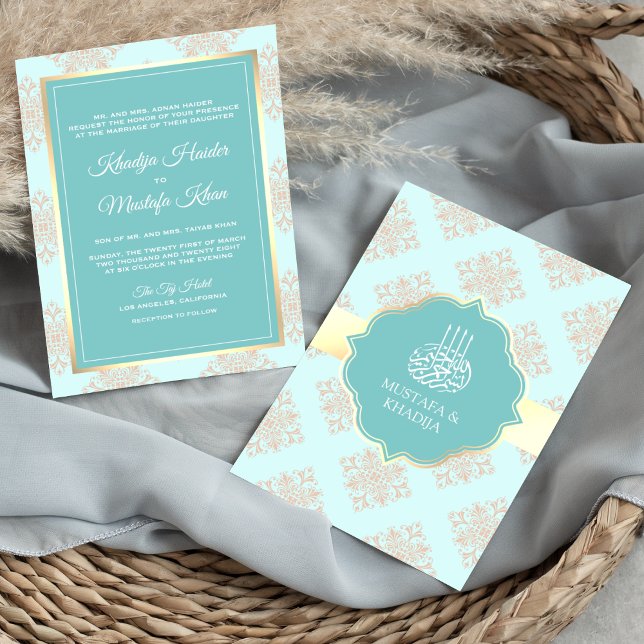 Convite Casamento Muçulmano Rustic Pastel Aqua Blue Damask (Criador carregado)