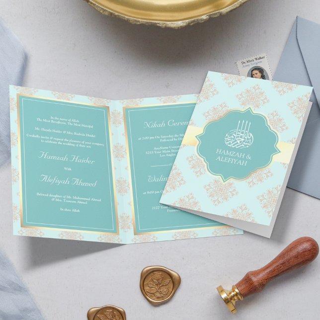 Convite Casamento Muçulmano Rustic Pastel Aqua Blue Damask (Criador carregado)