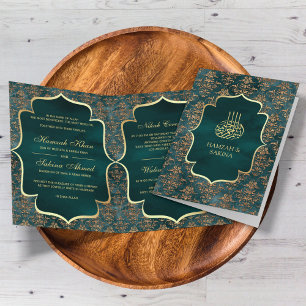 Convite Casamento Muçulmano Rustic Teal Dourado Damask