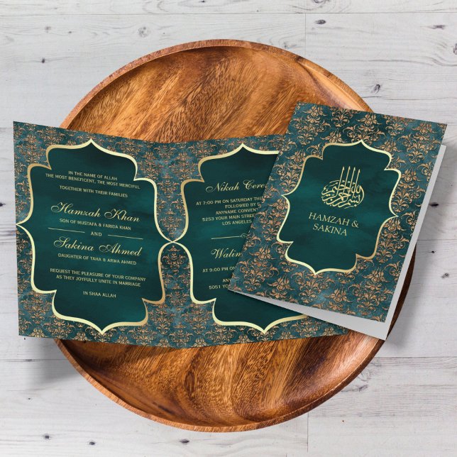 Convite Casamento Muçulmano Rustic Teal Dourado Damask (Criador carregado)