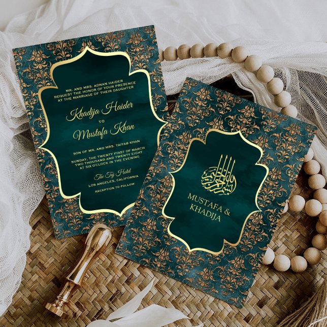 Convite Casamento Muçulmano Rustic Teal Dourado Damask (Criador carregado)