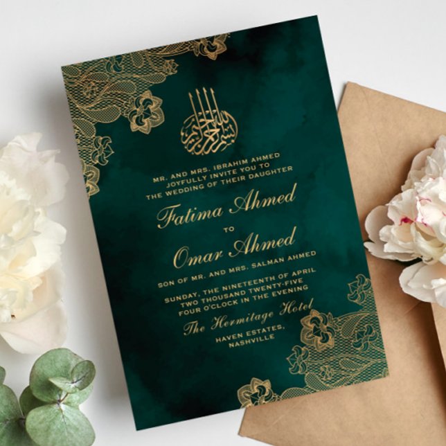 Convite Casamento Muçulmano Verde-Islâmico de Gold Foil La (Criador carregado)