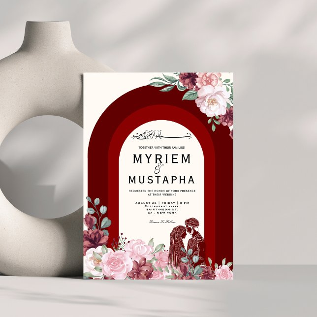 Convite Casamento Muçulmano Vermelho Elegante e Floral (Criador carregado)