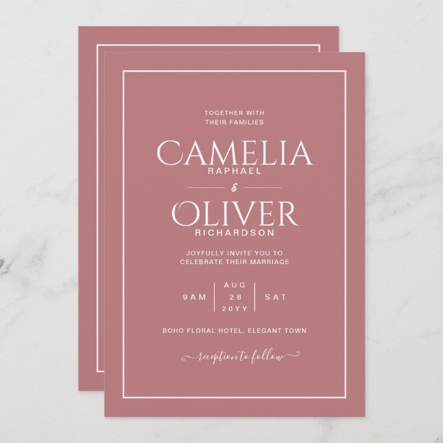 Convite Casamento multifuncional com RSVP - Dusty Rosa Pin (Frente/Verso)