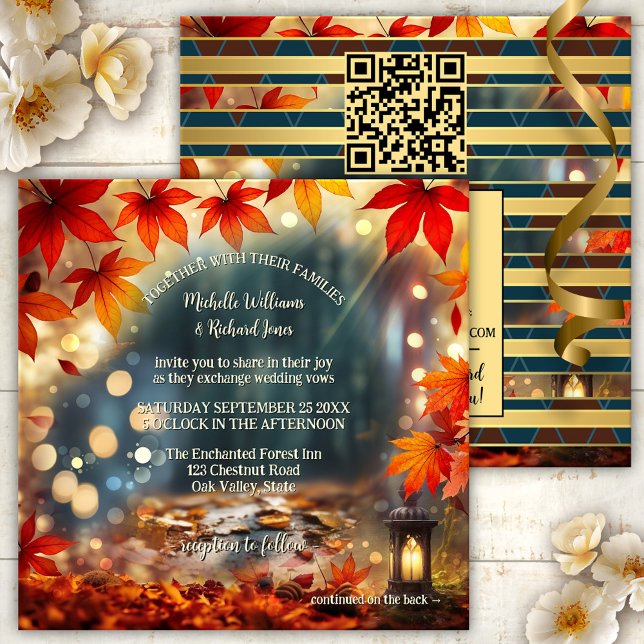 Convite Casamento Multifuncional da Floresta em Queda Enca (Unique all-in-one fall wedding invitation with an enchanted forest theme with fairy lights - QR code)