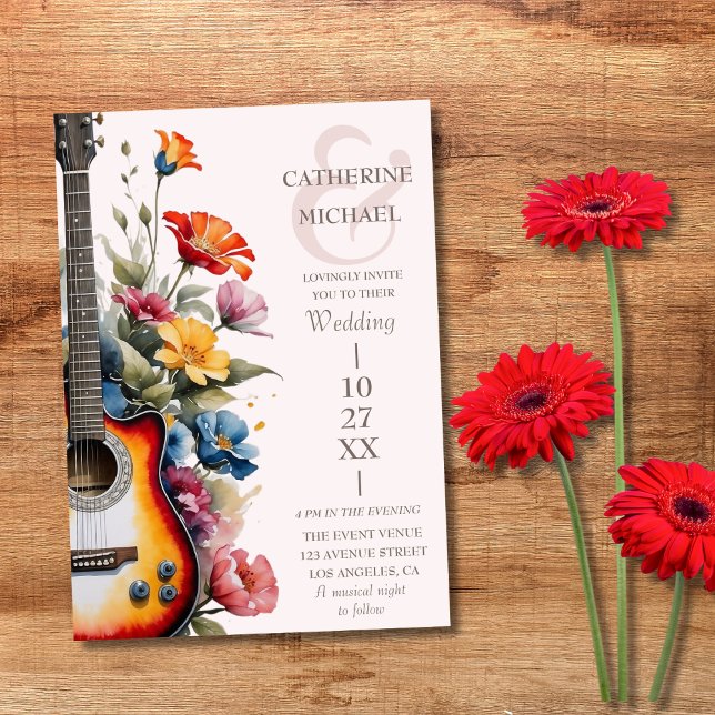 Convite Casamento Musical de Guitar Wildflower Ampersand (Criador carregado)