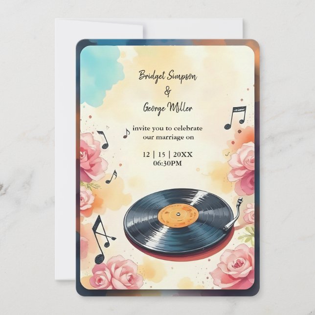 Convite casamento musical floral com aquarela (Frente)
