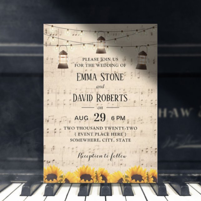 Convite Casamento Musical Rustic Sunflower & Lanterns (Criador carregado)