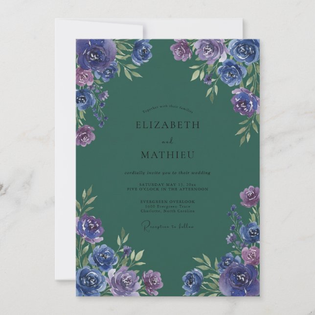 Convite Casamento Muted Eucalyptus Ranunculus Azul Teal Âm (Frente)