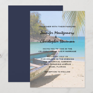 Convite Casamento na Bela Praia Tropical com um Barco a Re