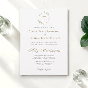 Convite Casamento na Igreja Católica Cruz Elegante com Fol