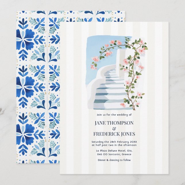 Convite Casamento na Ilha Grega de Santorini com Bougainvi (Frente/Verso)