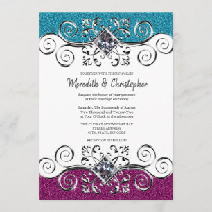 Convite Casamento Na moda, Rosa e Azul, de Prata